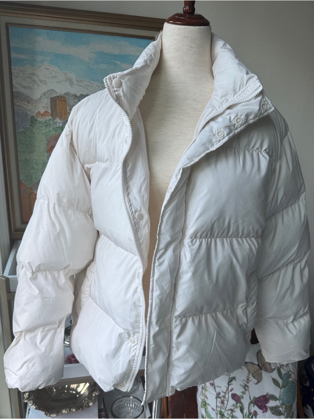 Fabletics White Quilted Puffer Jacket with High Collar